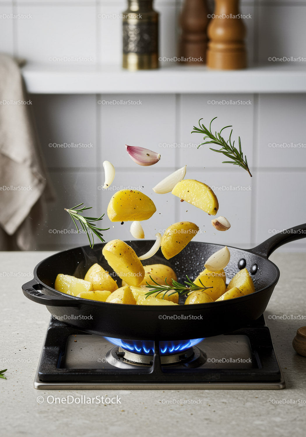 Fresh Potatoes and Herbs Tossed in Hot Skillet