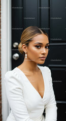 Elegant woman in white dress with pearl earrings