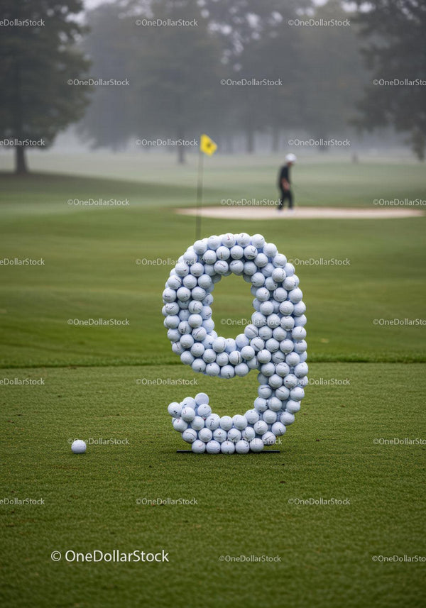 Pole golfowe z cyfrą dziewięć zrobioną z piłek golfowych