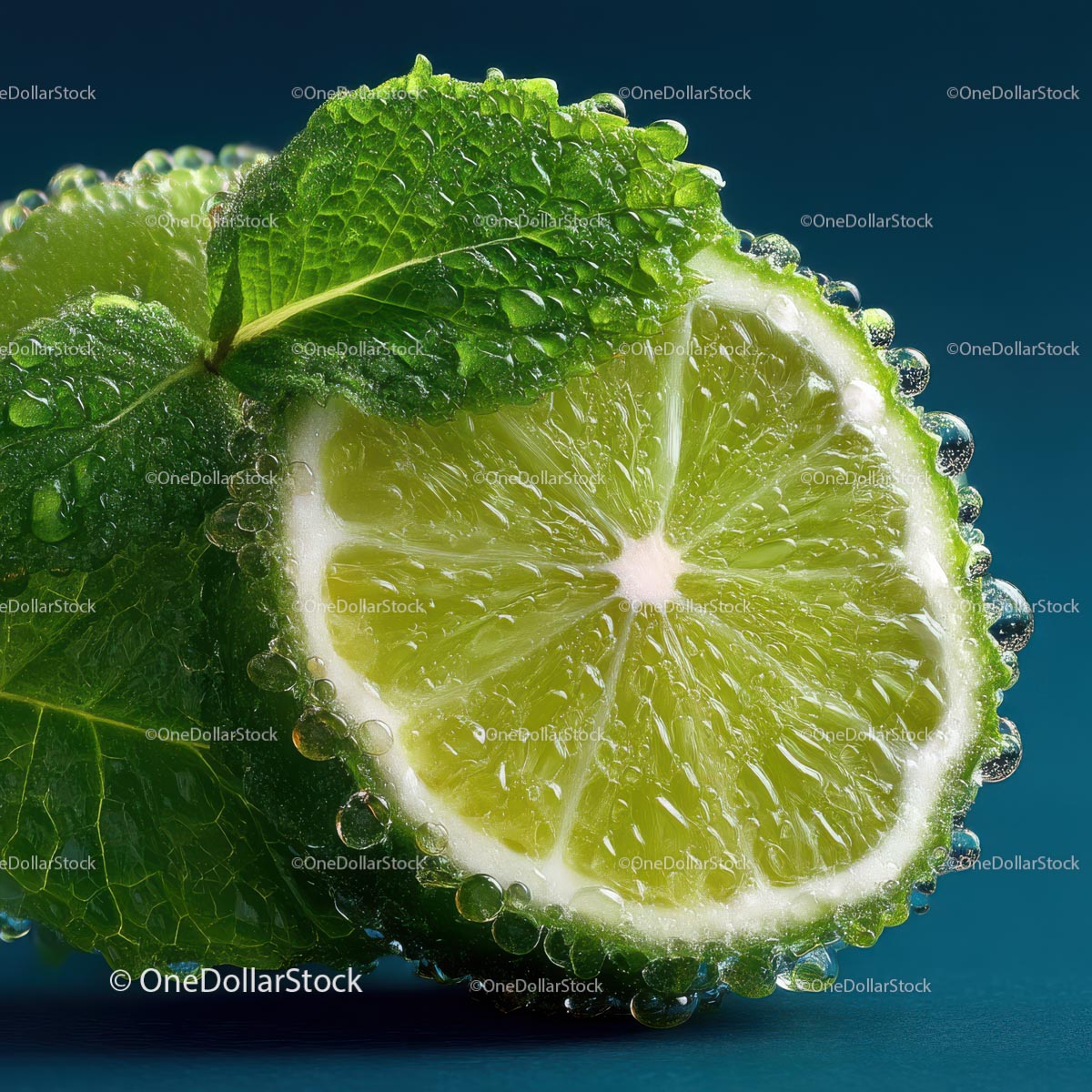 Close-Up of Fresh Lime with Mint Leaf and Water Droplets