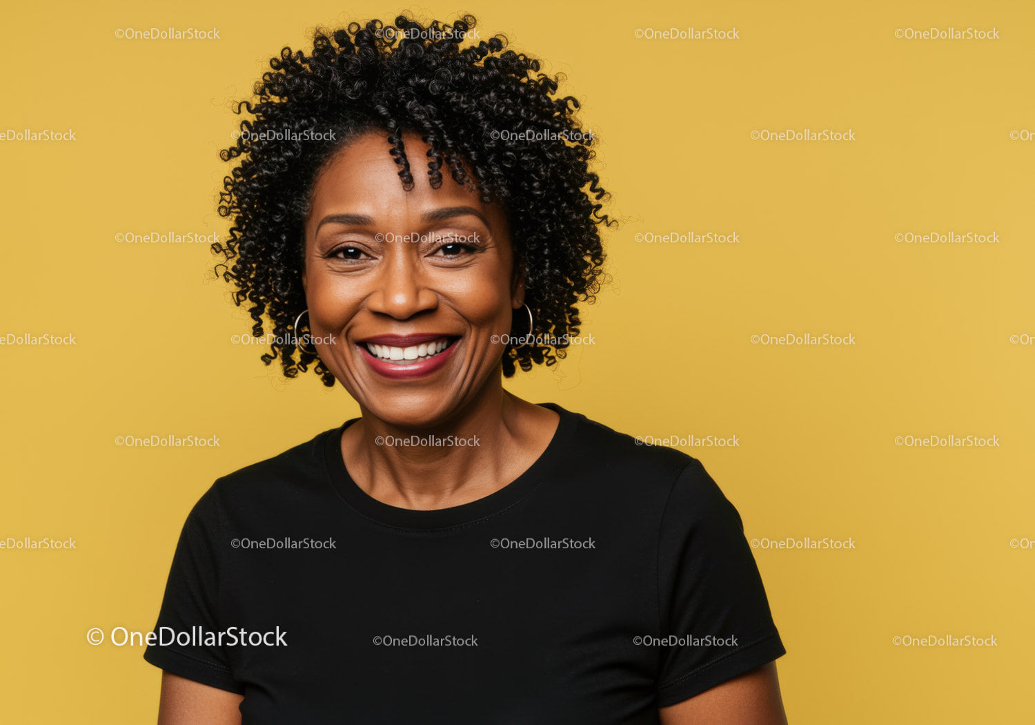 Bold Smile of African American Woman with Curly Hair and Bright Background