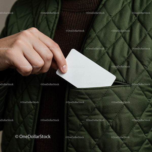 Hand Putting Blank Card into Green Quilted Jacket Pocket JPG Mockup Image