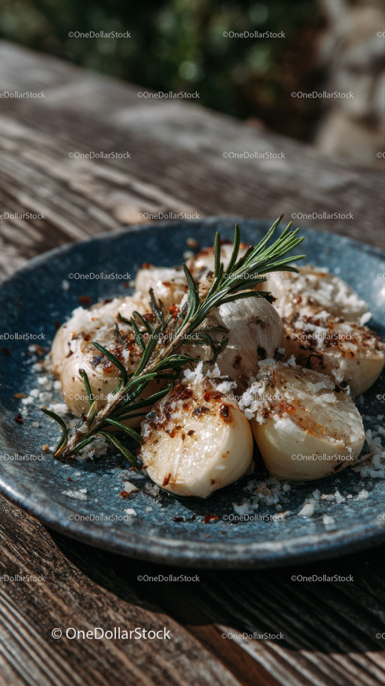 Roasted Garlic Cloves with Fresh Rosemary on Rustic Wooden Plate
