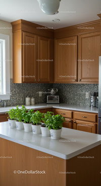 Bright Modern Kitchen with Wooden Cabinets and Potted Basil Plants