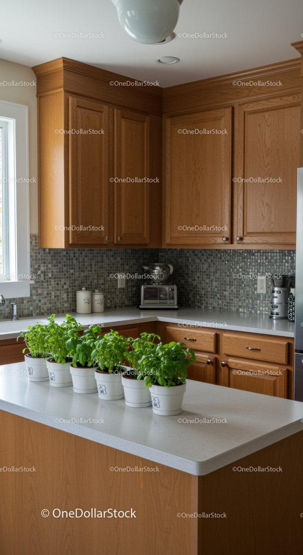Bright Modern Kitchen with Wooden Cabinets and Potted Basil Plants