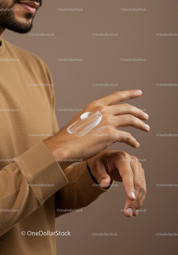Close-up of a Man Applying Lotion on Hands for Skincare Routine