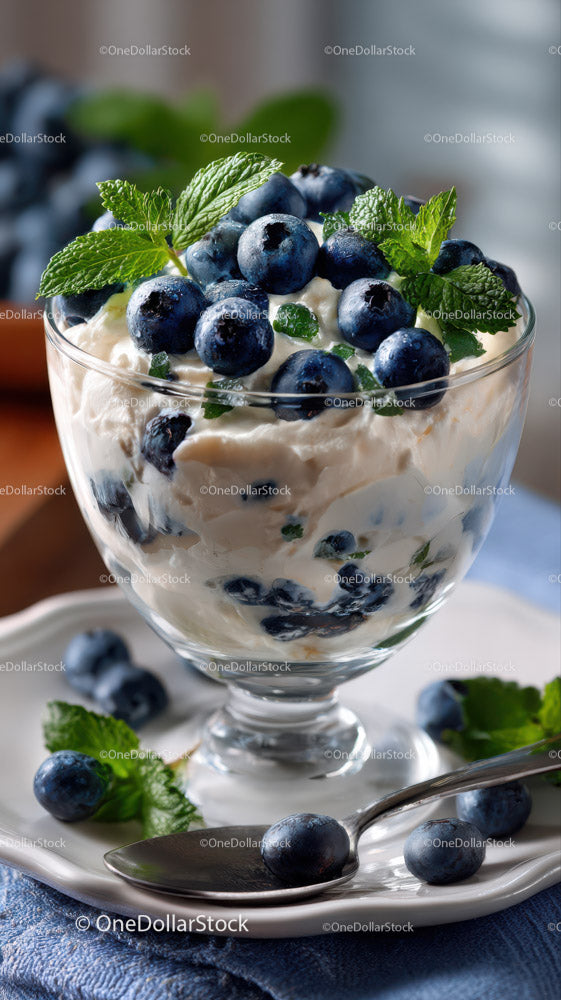 Blueberry and Mint Creamy Dessert in Glass
