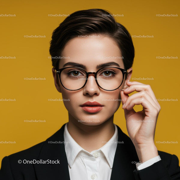 Stylish Businesswoman Wearing Glasses in Modern Studio