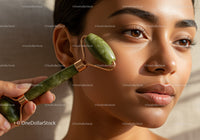 Young Woman Using Jade Roller for Skin Care and Facial Rejuvenation
