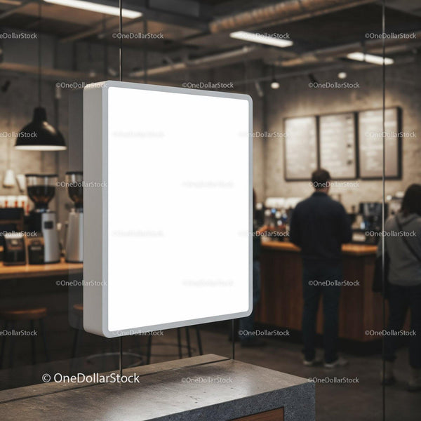 Minimalist Light Box Display in Modern Cafe Interior JPG Mockup Image