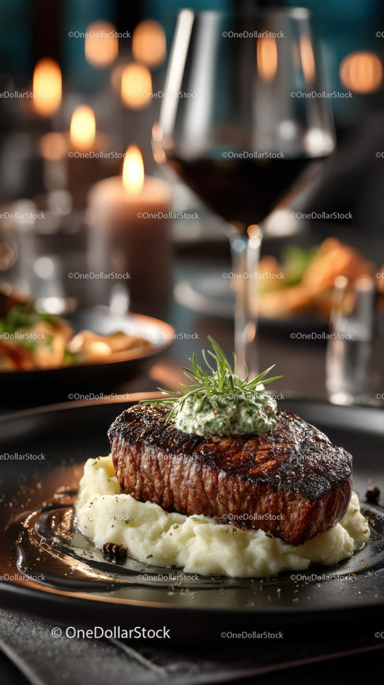Juicy Steak with Mashed Potatoes and Herb Garnish in Elegant Restaurant (28 Images)