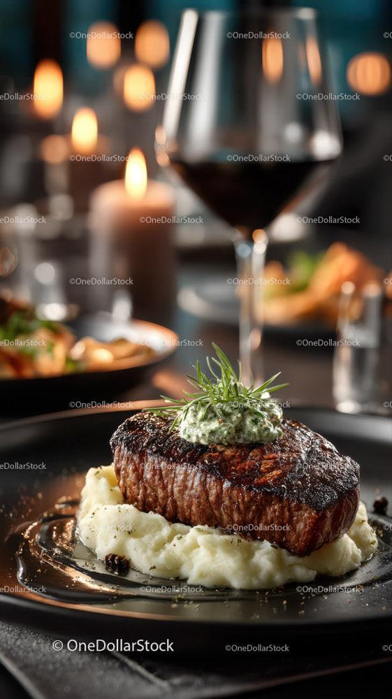 Juicy Steak with Mashed Potatoes and Herb Garnish in Elegant Restaurant Stock Photo Bundle (28 JPG Files)