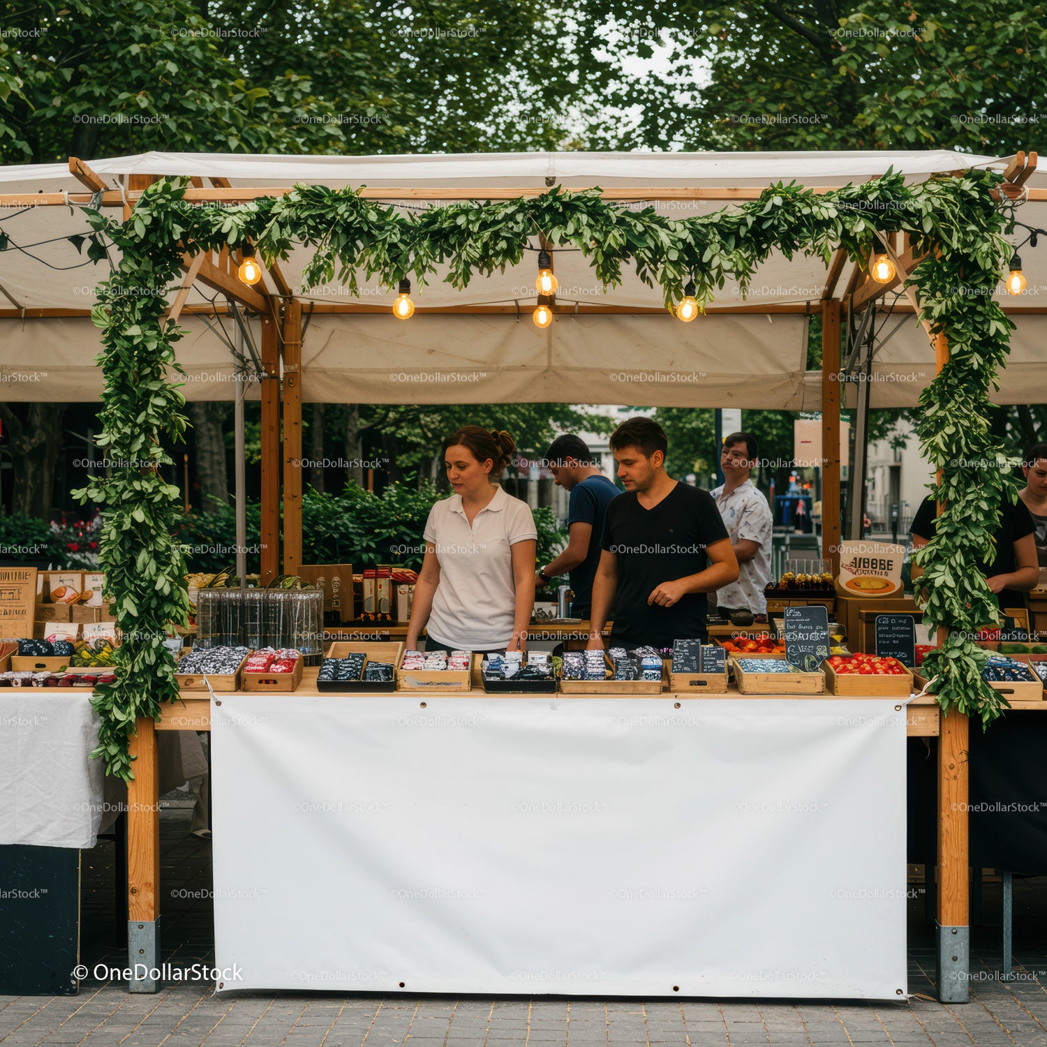 Outdoor Market Stall with Vendors and Fresh Produce
