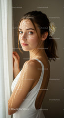 Elegant Young Woman with Sunlight Patterned Shadows in Indoor Portrait