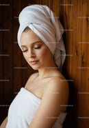 Serene Young Woman with Towel Wrap Relaxing at Spa in Wooden Room