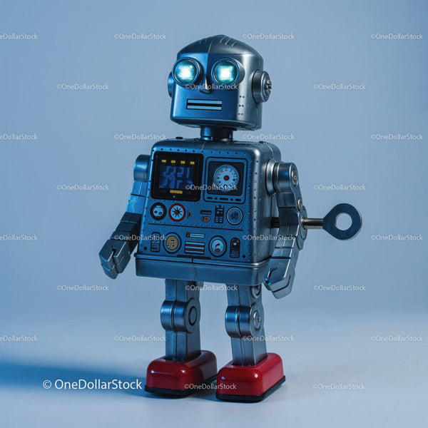 Wintage Metalowa Zabawka Robot z Niebieskimi Detalami i Czerwonymi Butami