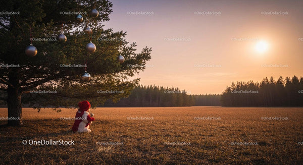 Child in Red Hat Sitting by Tree with Ornaments at Sunset