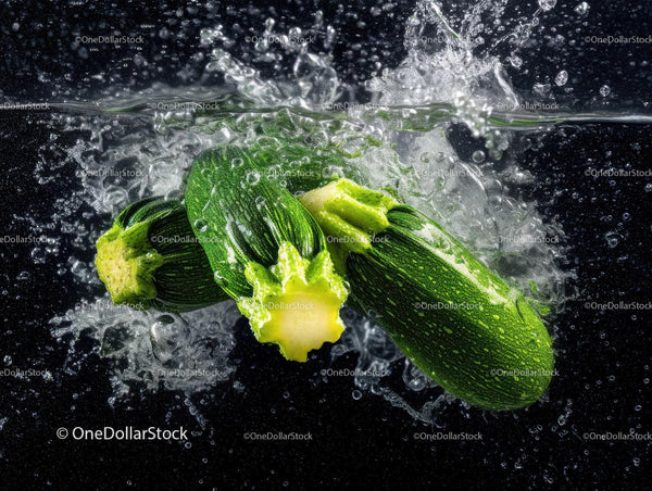 Fresh Green Zucchini Slices in Water with Splash Effect