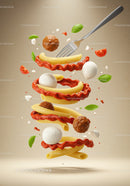 Floating Italian Pasta with Meatballs and Fresh Ingredients