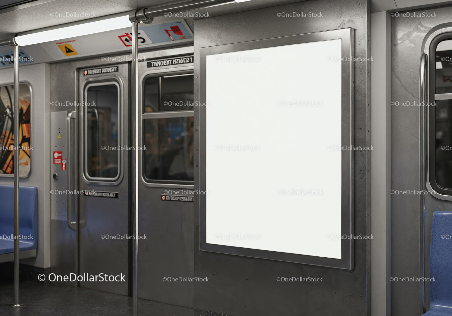 Blank advertising billboard inside public subway train