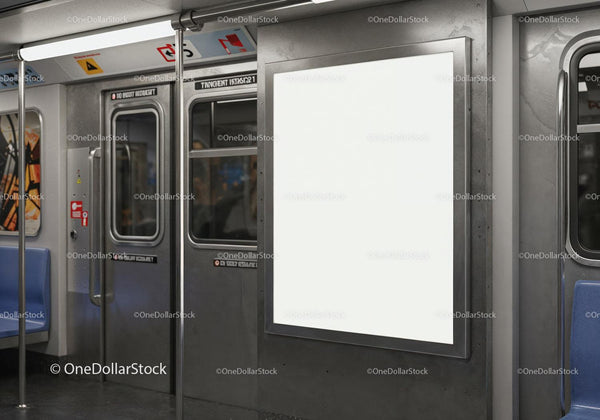 Blank advertising billboard inside public subway train JPG Mockup Image