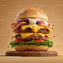 Triple Patty Cheeseburger with Bacon and Fresh Vegetables