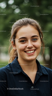 Cheerful Young Woman Smiling Outdoors in Casual Clothes