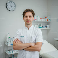 Professional Male Doctor in White Coat Standing in Medical Clinic
