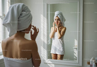 Young Woman in Towel Checking Skin in Bright Bathroom Mirror