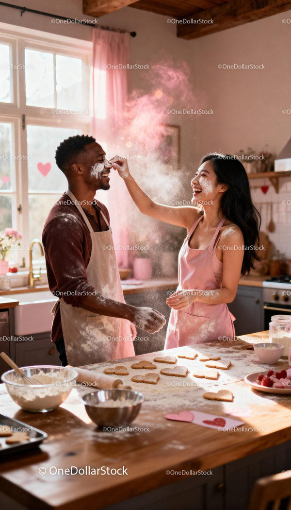 Couple Playfully Baking Heart-Shaped Cookies Together