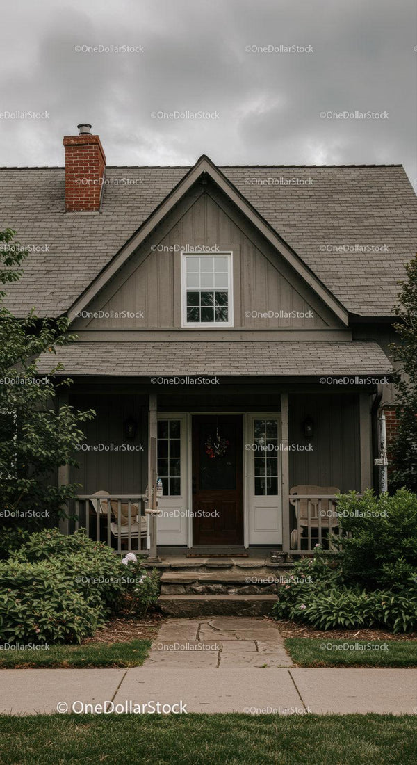 Cozy gray house exterior with inviting porch and greenery