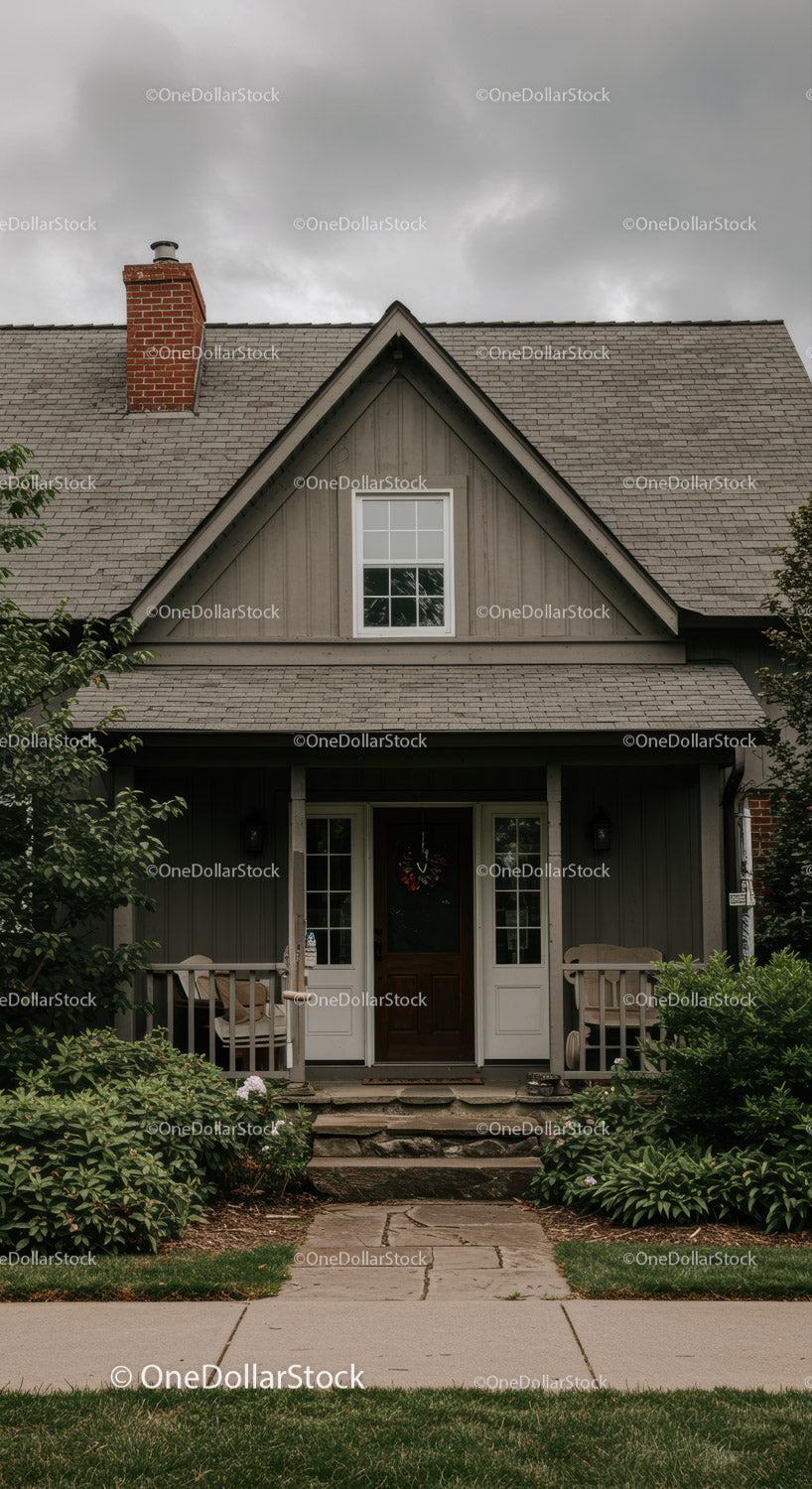 Cozy gray house exterior with inviting porch and greenery