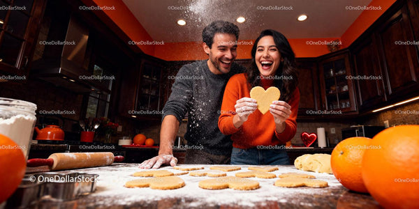 Happy couple baking heart shaped cookies in cozy kitchen
