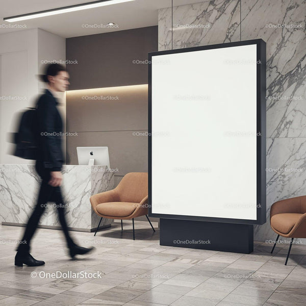 Modern office lobby with blank advertising board and passerby JPG Mockup Image