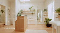 Bright Modern Living Room with Houseplants and Wooden Decor