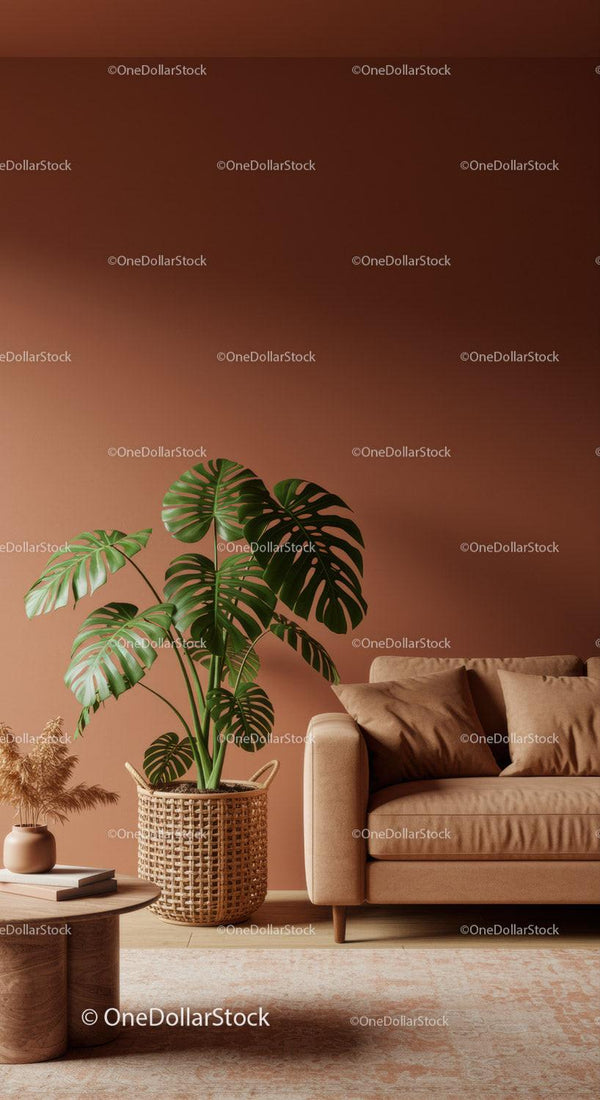 Stylowy nowoczesny salon z dużą rośliną monstera i beżową sofą