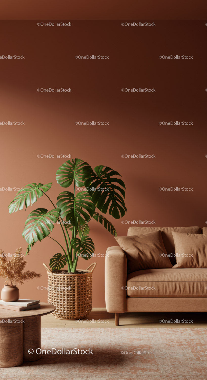Stylowy, nowoczesny salon z dużą rośliną Monstera i beżową sofą
