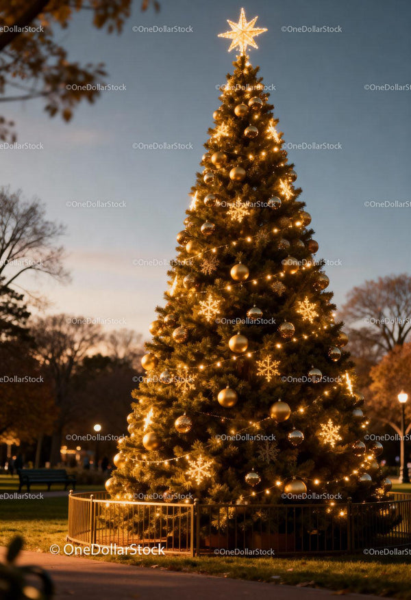 Christmas tree glowing with lights in park at dusk