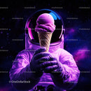 Colorful Astronaut Holding Ice Cream in Space with Galaxy Reflection