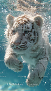 White Tiger Cub Swimming Underwater in Crystal Clear Water