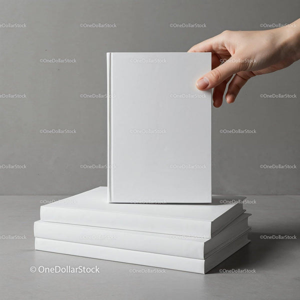 Hand Holding Blank White Book Over Stacked Books JPG Mockup Image
