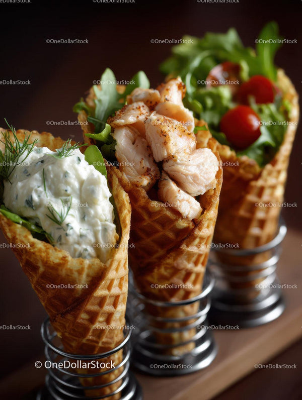 Gourmet Ice Cream Cones with Fish Fillet and Cherry Tomato Salad