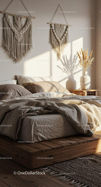 Cozy bedroom with natural light and boho wall hangings