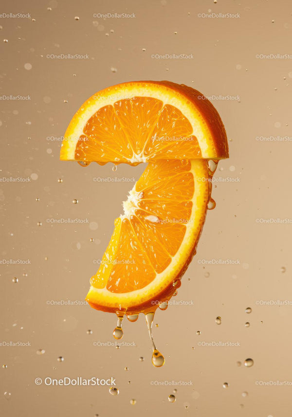 Fresh orange slices with juicy water droplets