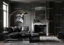 Modern living room with elegant black leather sofa and marble fireplace