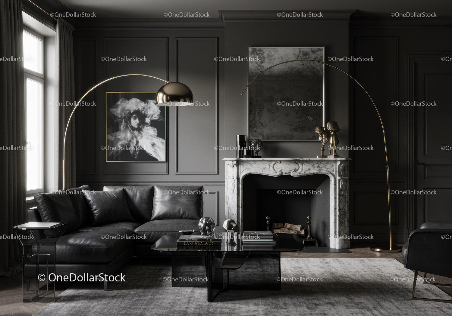 Modern living room with elegant black leather sofa and marble fireplace
