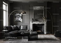 Modern living room with elegant black leather sofa and marble fireplace