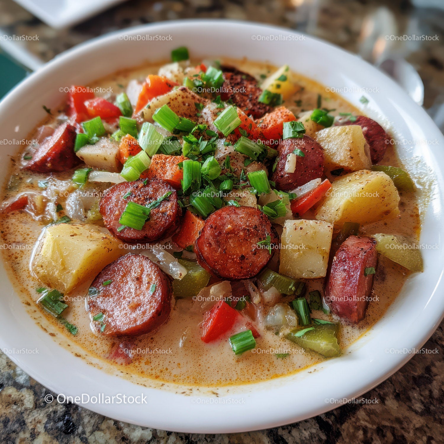 Hearty Sausage and Potato Cream Stew in Rustic White Bowl