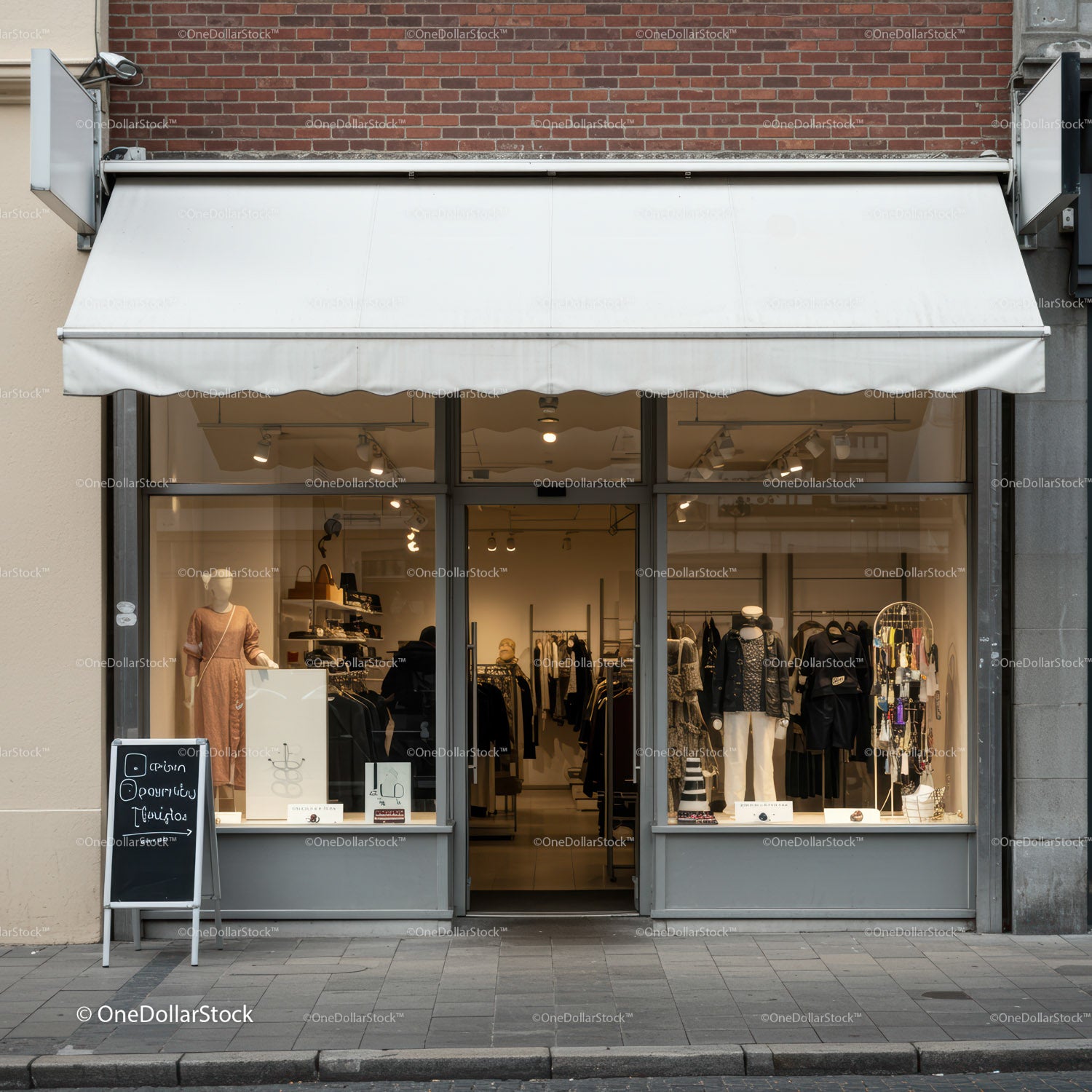 Fashion boutique storefront with modern display windows