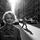 Elderly Woman in Busy City Street Surrounded by Vintage Cars